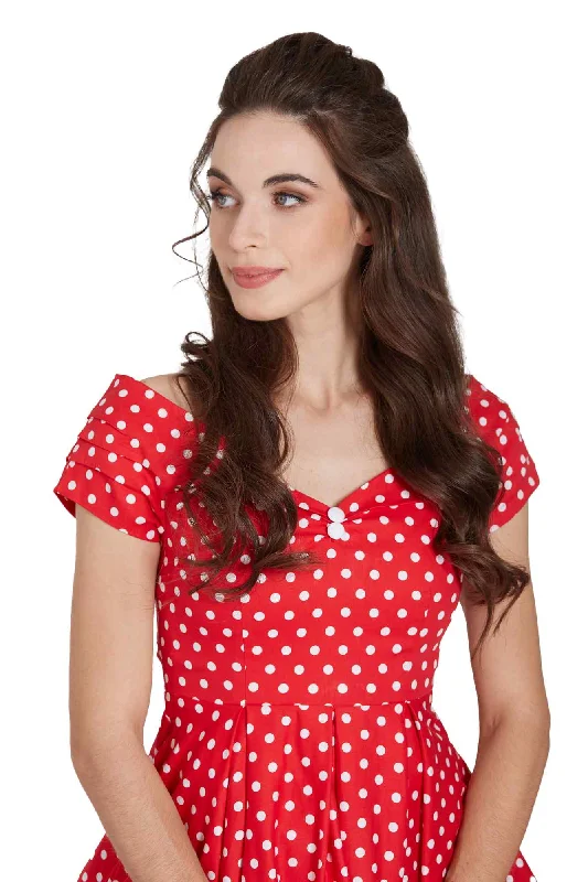 Lily Off-Shoulder 50's Polka Dot Swing Dress in Red/White