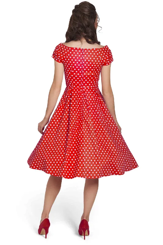 Lily Off-Shoulder 50's Polka Dot Swing Dress in Red/White