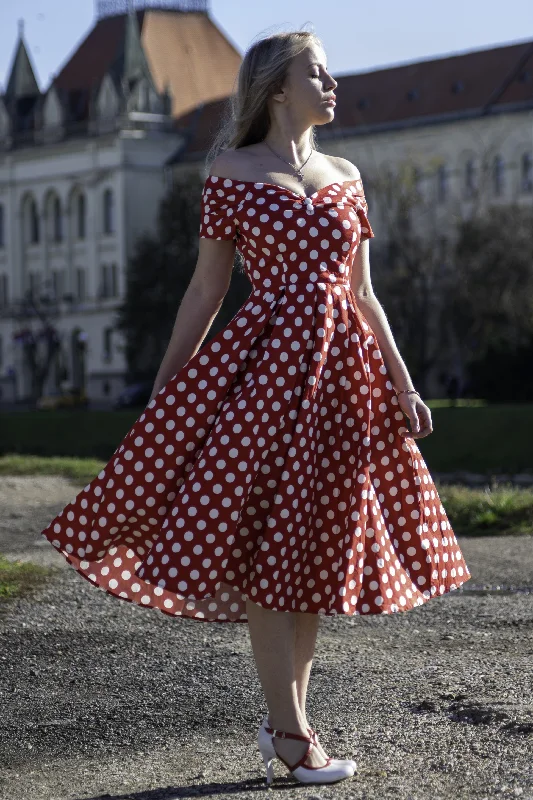 Lily Retro Off Shoulder Red Polka Dot Swing Dress