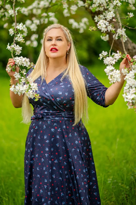 Matilda Navy Blue Heart & Swallow Wrap Dress