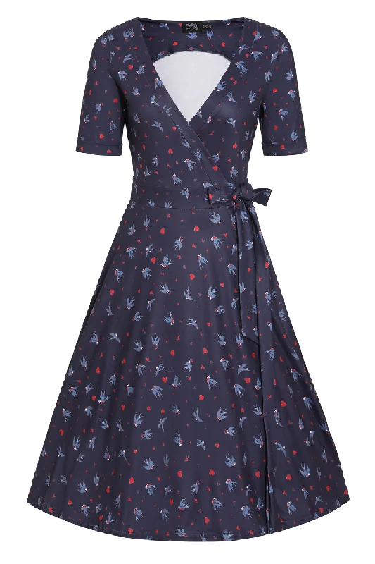 Matilda Navy Blue Heart & Swallow Wrap Dress