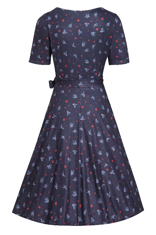 Matilda Navy Blue Heart & Swallow Wrap Dress