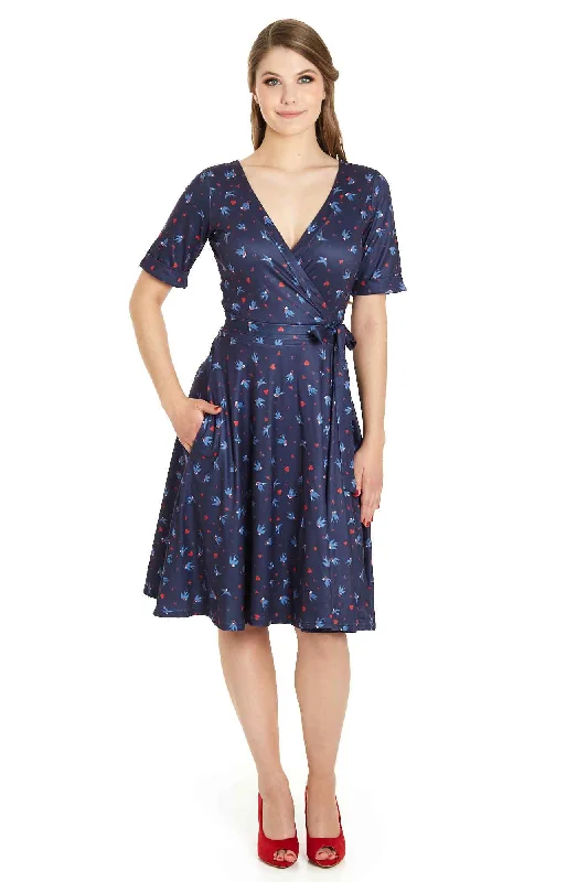 Matilda Navy Blue Heart & Swallow Wrap Dress