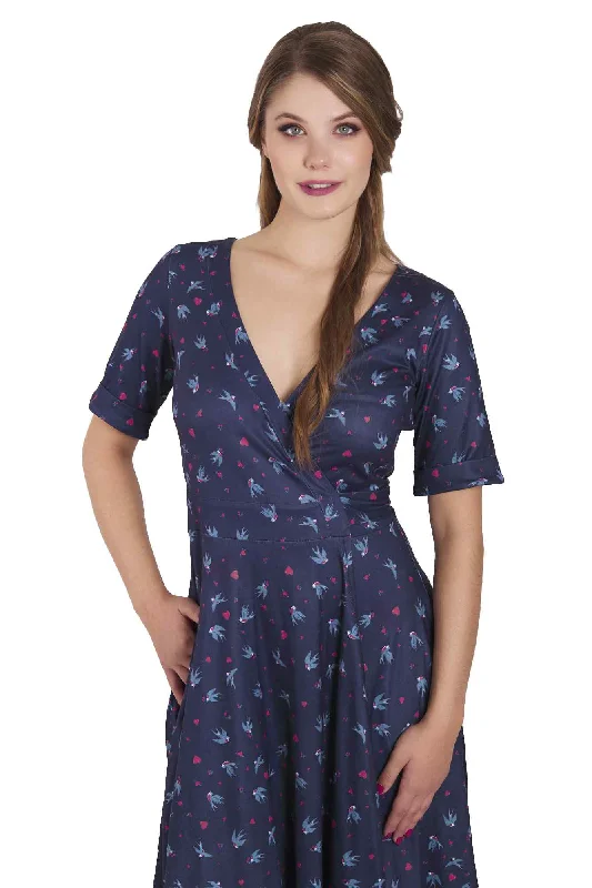 Matilda Navy Blue Heart & Swallow Wrap Dress