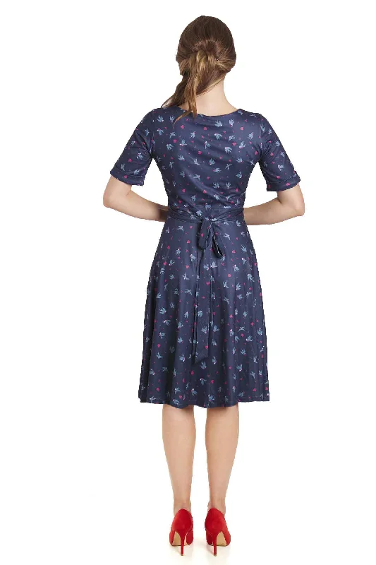 Matilda Navy Blue Heart & Swallow Wrap Dress