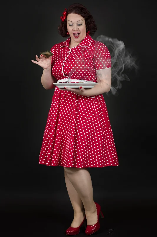 Penelope Pin Up Style Shirt Dress In Classic Red & White Polka Dots