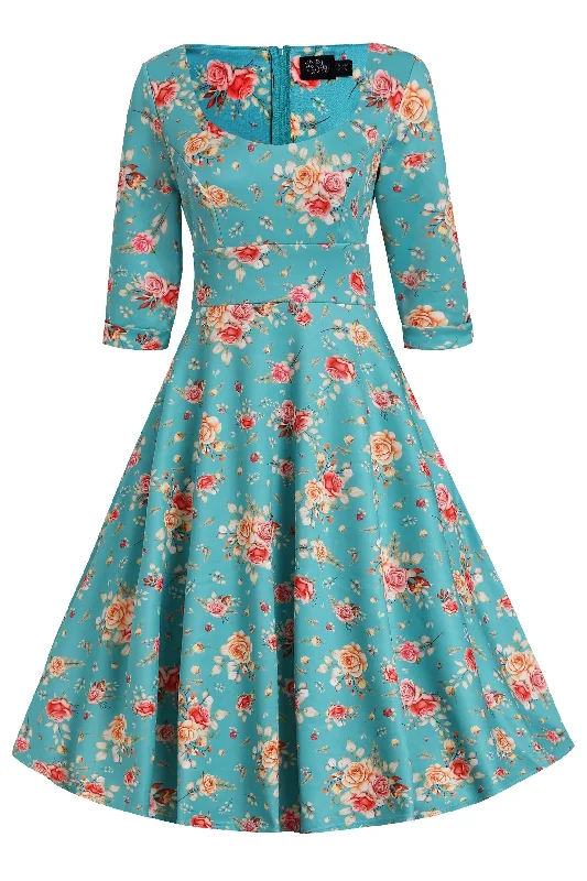 Scarlette Turquoise Floral Mid Calf Dress