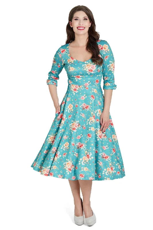 Scarlette Turquoise Floral Mid Calf Dress