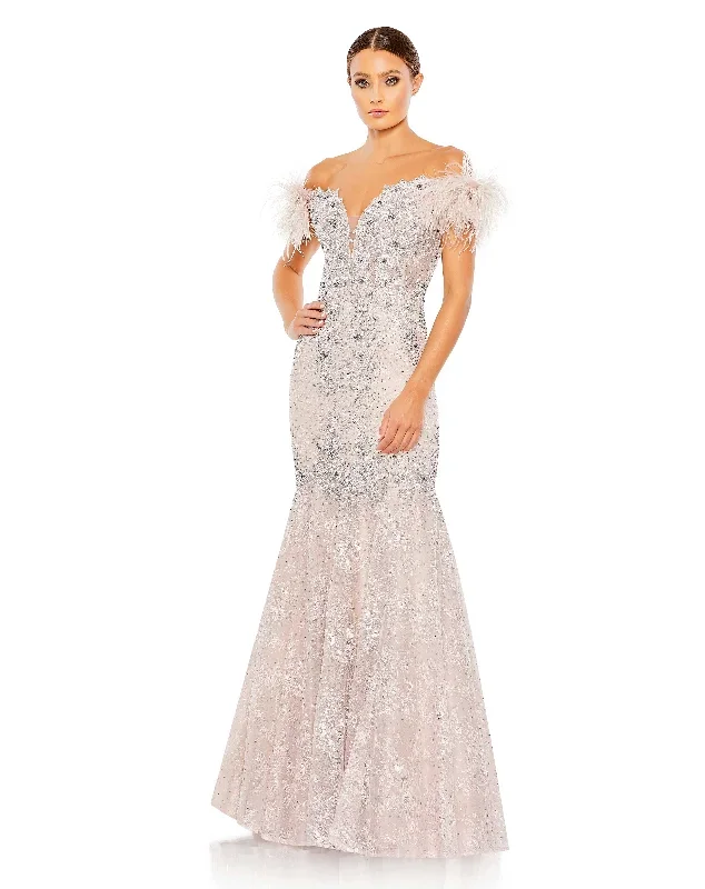 Feathered Crystal Embellished Sleeveless Gown