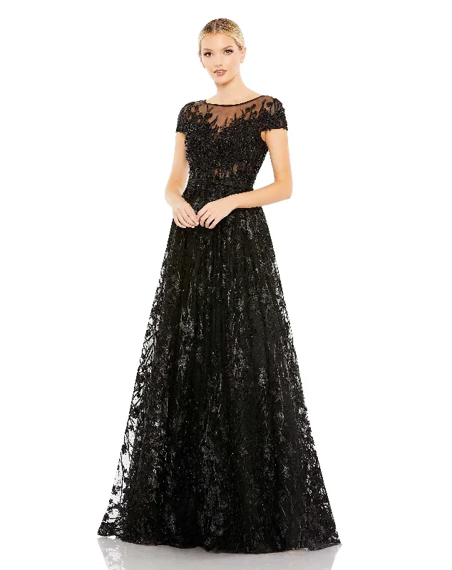 Embellished Floral Cap Sleeve A Line Gown