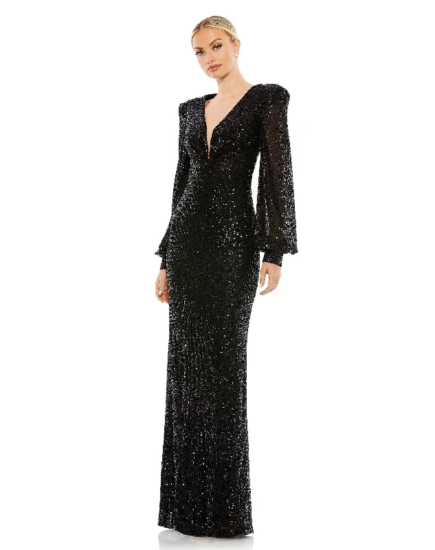 Sequined Plunge Neck Structured Bishop Sleeve Gown