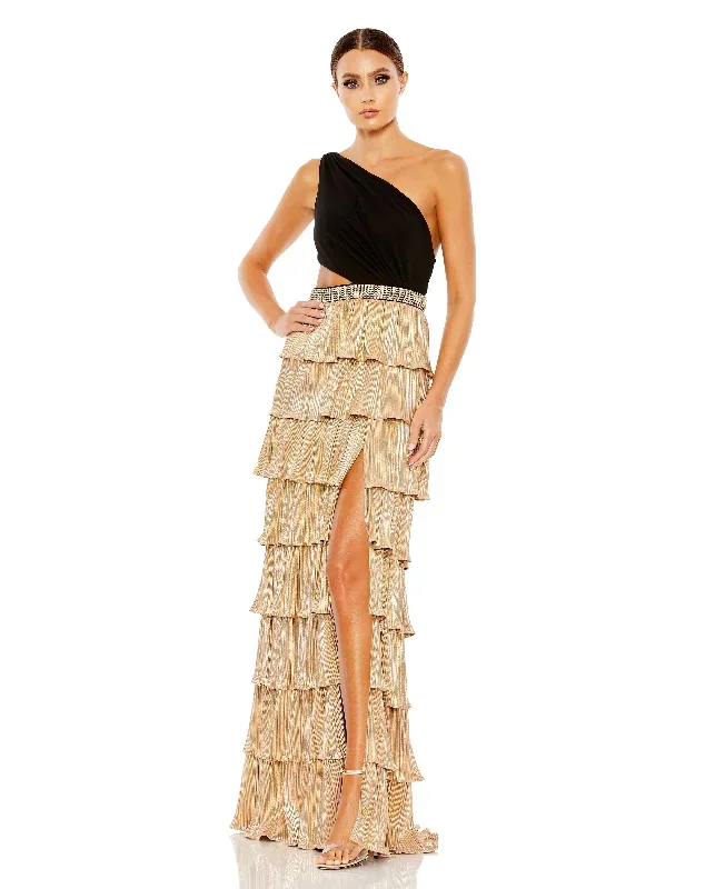 Metallic One Shoulder Ruffle Tiered Gown