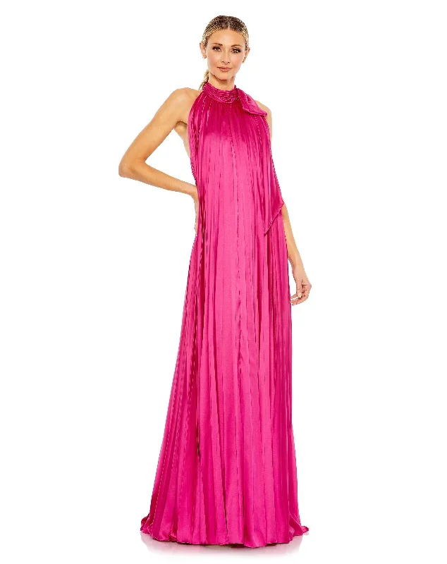 Pleated Trapeze Halter Neck Gown