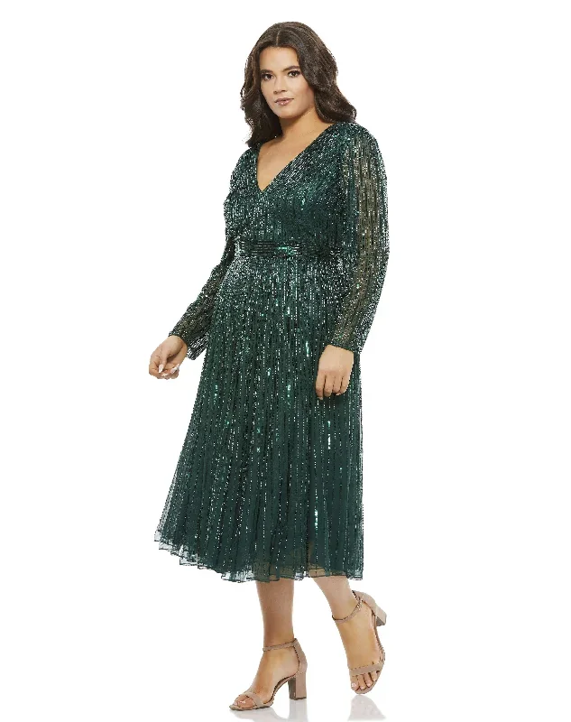 Sequined V-Neck Tea Length Cocktail Dress (Plus)