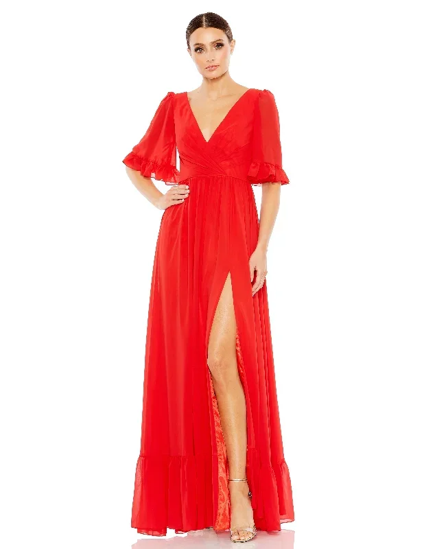 Faux Wrap Ruffle Trim A Line Gown