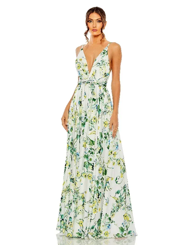 Sleeveless V-neck Floral Print Gown