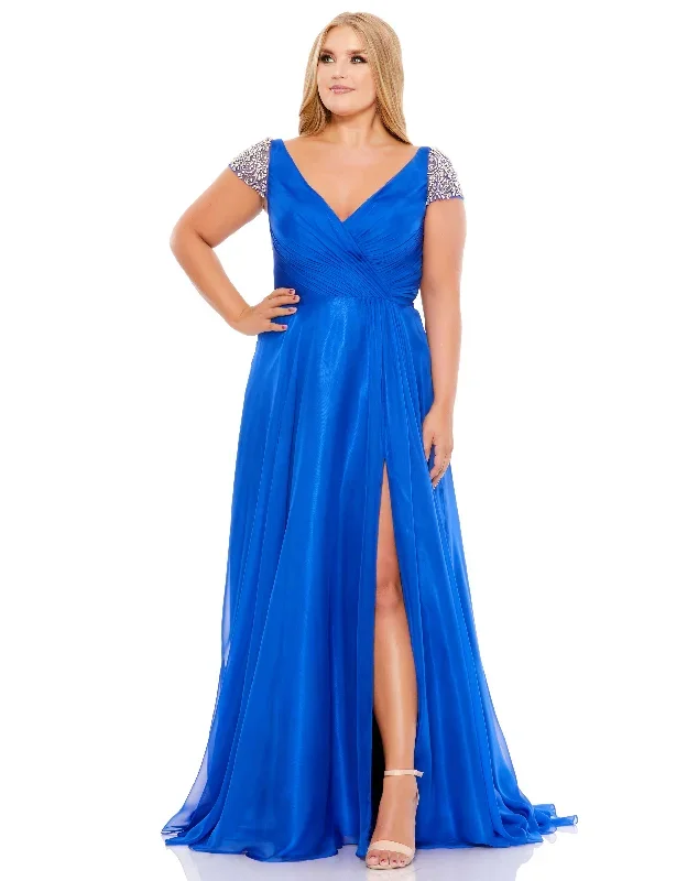 Beaded Cap Sleeve Faux Wrap Gown (Plus)