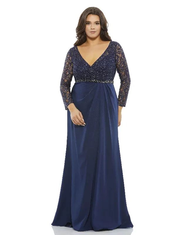 Lace Illusion Long Sleeve V-Neck Draped Gown (Plus)