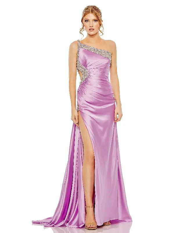 Ruched One Shoulder Side Cutout Embellished Satin Gown