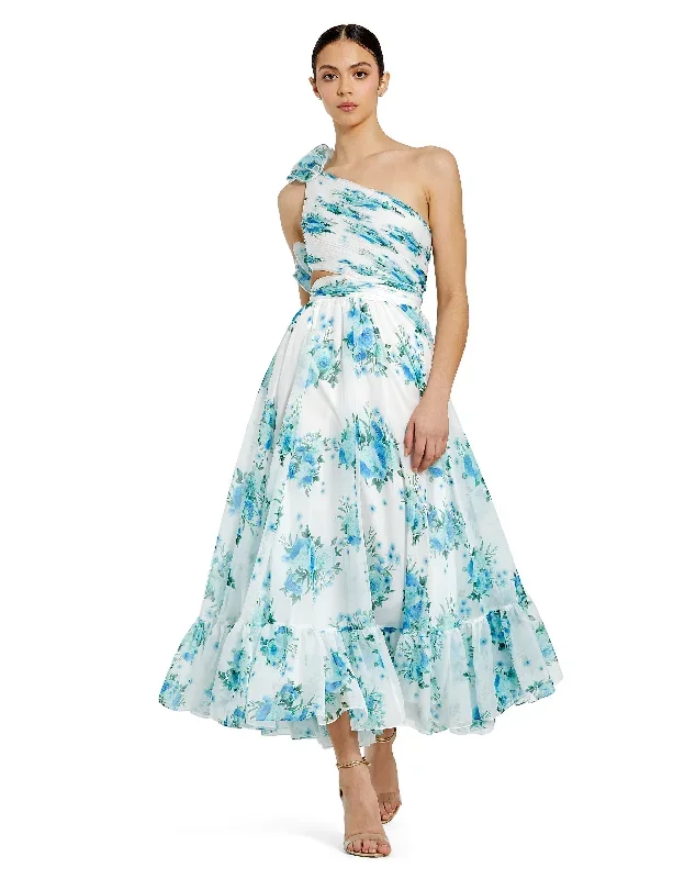 One Shoulder Ruffle Cut-Out Chiffon Midi Dress