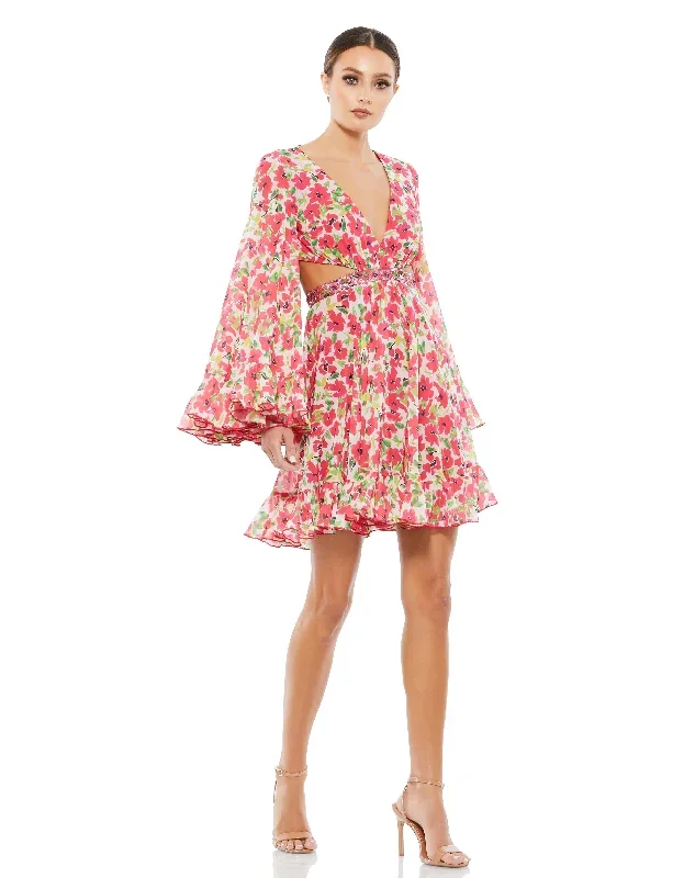 Floral Cut Out V Neck Bell Sleeve Mini Dress - Final Sale