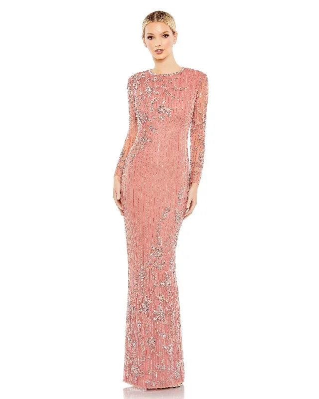 Embellished High Neck Illusion Long Sleeve Gown