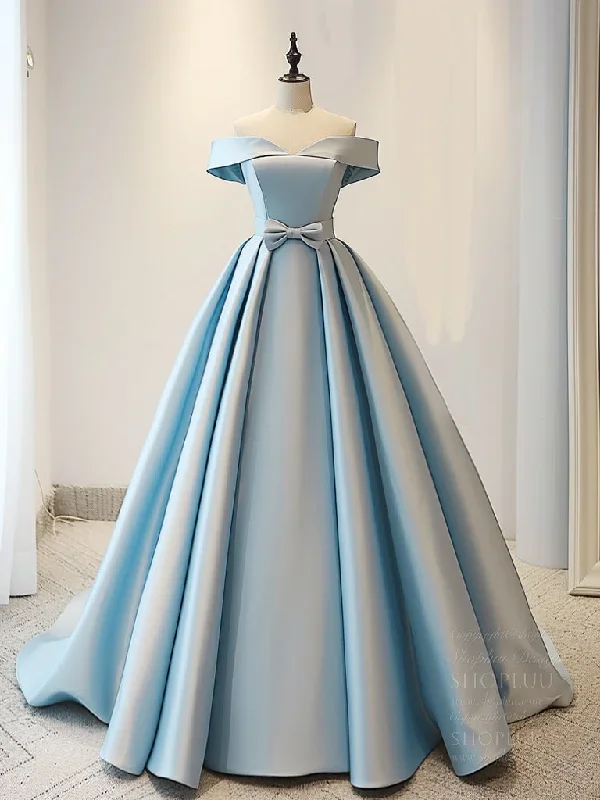 A-Line Off Shoulder Satin Blue Long Prom Dress, Blue Long Evening Dress