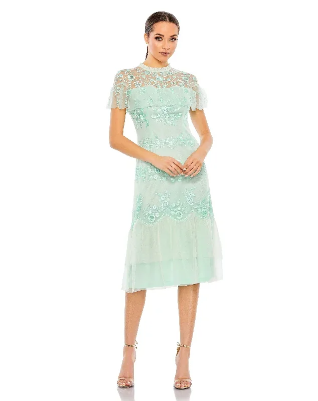 Embroidered Ruffled Cap Sleeve Midi Dress