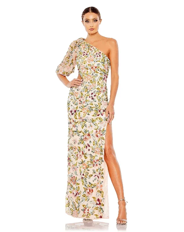 One Shoulder Floral Embellished Gown