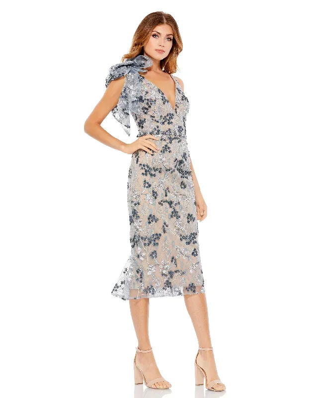 Floral Embellished V-neck Midi Dress with Shoulder Bow