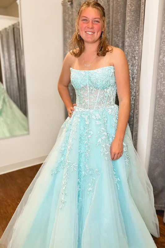 Aqua Blue Appliques Strapless A-Line Long Prom Dress