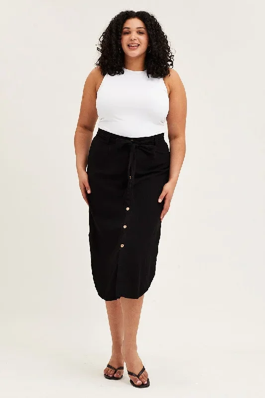 Black Button Front Linen Blend Midi Skirt