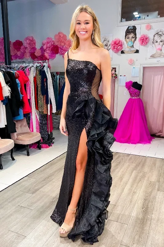 Black Sequin Mesh One-Shoulder Ruffle Long Formal Dress with Slit