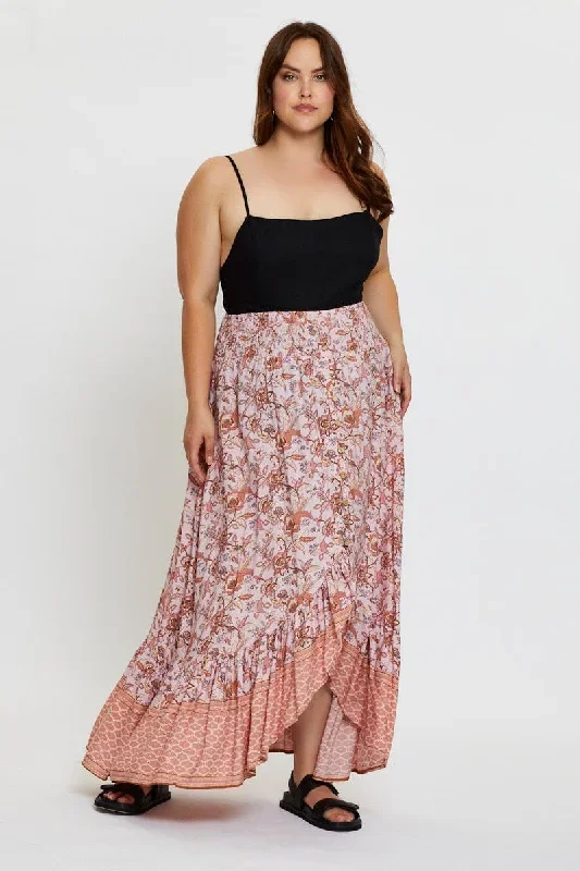 Boho Print Maxi Skirt High-Low