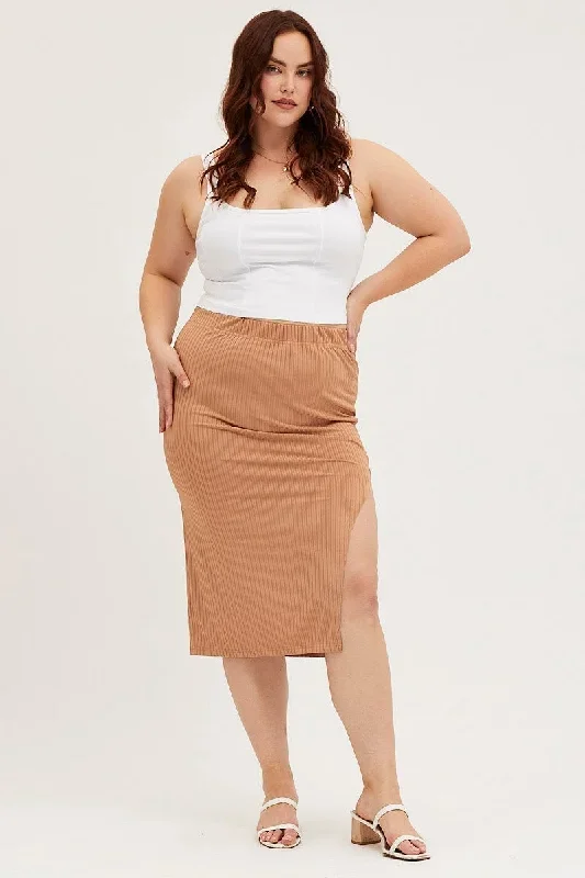 Brown Midi Bodycon Skirt Rib