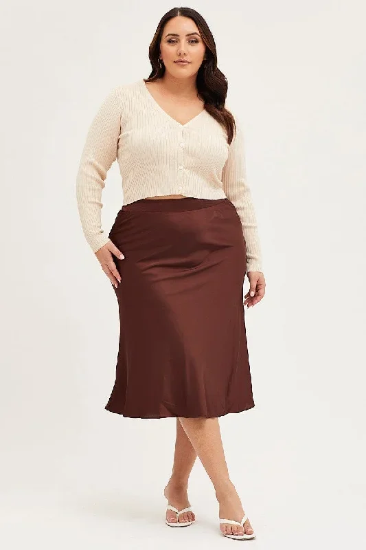 Brown Midi Satin Skirt Elastic Waist