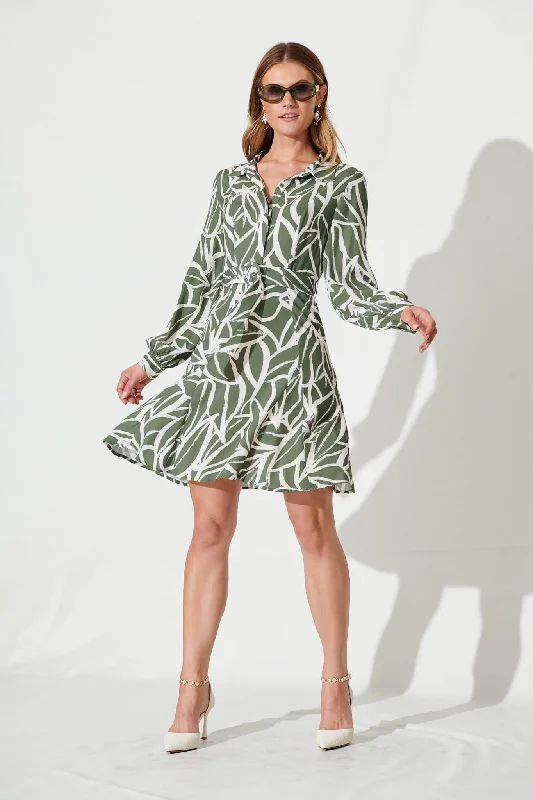 Eilish Shirt Dress In Khaki With White Leaf Print