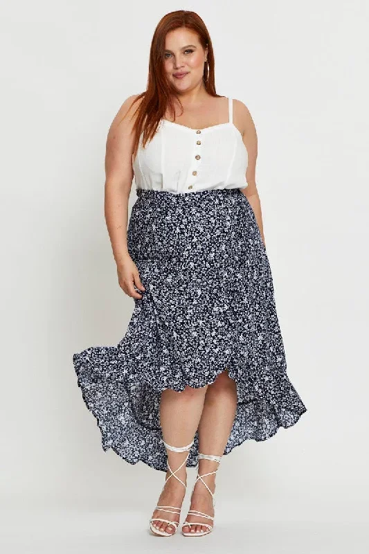 Floral Print Maxi Skirt High-Low