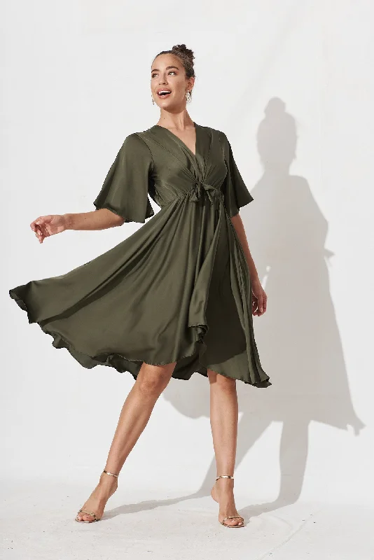 Helsinki Dress In Olive Green Satin