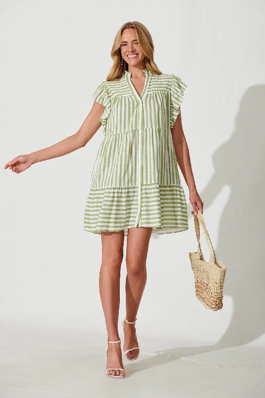 Julius Smock Dress In Green With White Stripe Cotton Linen Blend