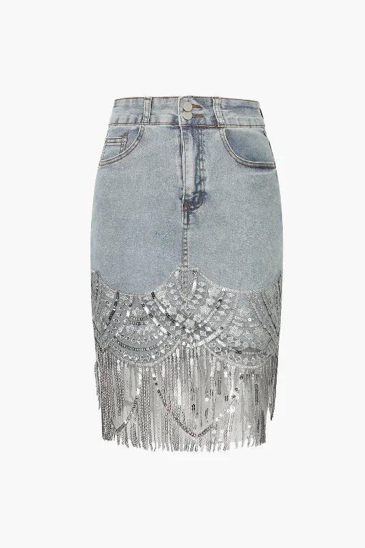 Sequin Fringe Hem Denim Skirt