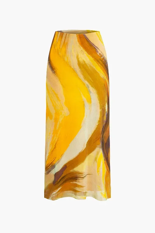 Abstract Print Mesh Midi Skirt