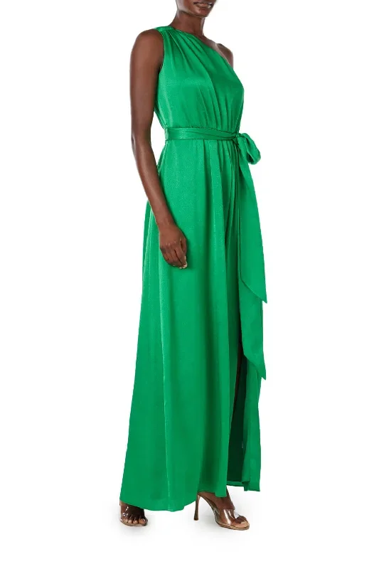 one-shoulder-green-satin-gown