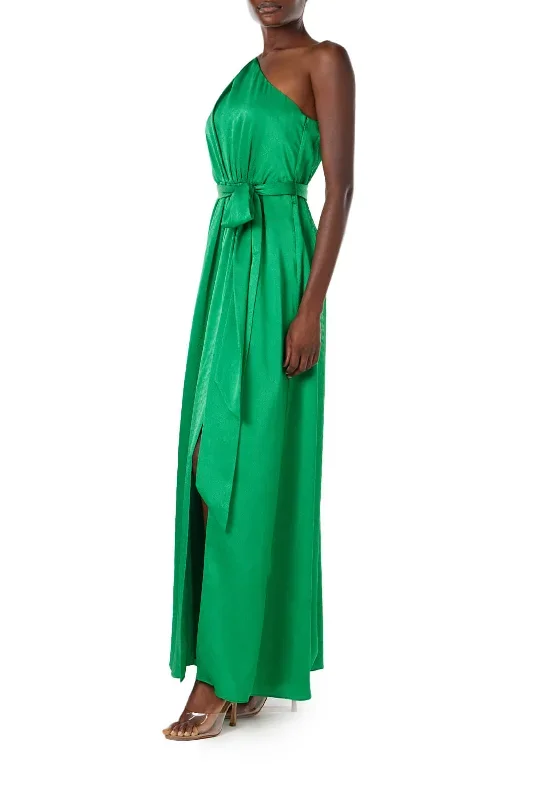 one-shoulder-green-satin-gown