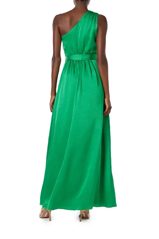 one-shoulder-green-satin-gown