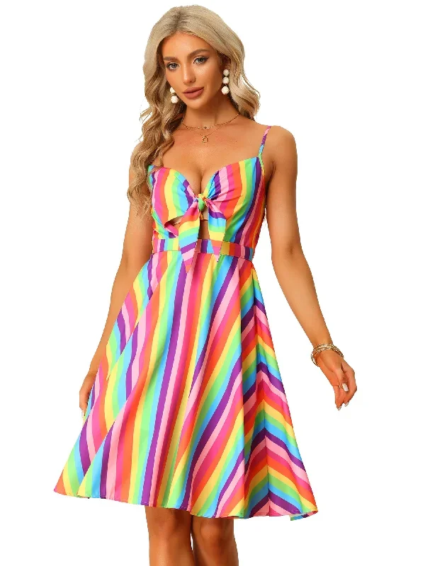 Summer Casual Beach V Neck Tie Front Rainbow Spaghetti Strap Dress