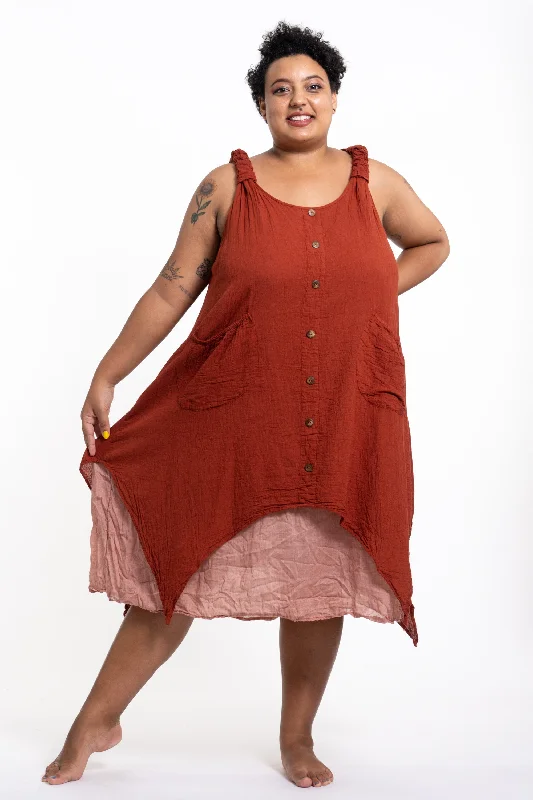 Plus Size Women's Crinkled Hill Tribe Cotton Tank Dress in Brick