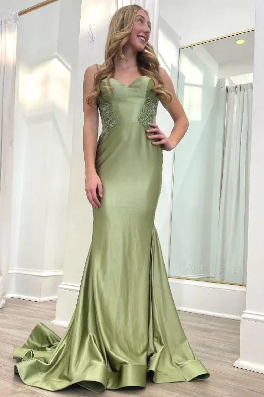 Sage Green Spaghetti Strap Backless Trumpet Long Gown