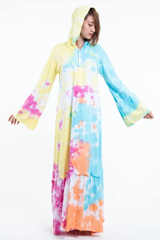 Tie Dye Hoodie Long Sleeve Maxi Dress in Cotton Candy