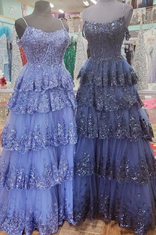 Tulle Sequin Cold-Shoulder Ruffle Tiered Long Prom Dress